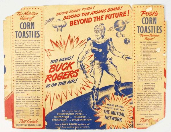 Post Corn Toasties Buck Rogers Partial Cereal Box: Circa 1946. Includes back and sides of box. A few pieces are missing from left top and right bottom corners. Middle section has nice image of Buck holding a pistol while advertising the radio show. So