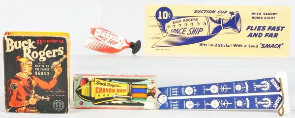 Lot of 3: Vintage Buck Rogers Items.: Circa 1930s. Includes Buck Rogers paper spaceship in original envelope, Better Little Book "Buck Rogers in the War with the Planet Venus", and a box of Buck Rogers crayons in a colorful original box.