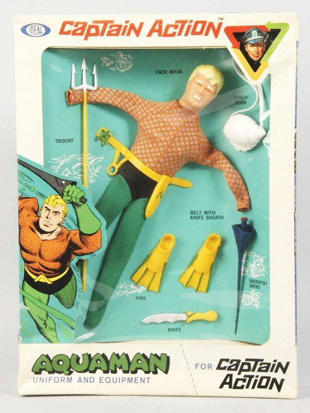 Boxed Aquaman Uniform.: 1966 set by Ideal. Uniform, equipment, and insert are mint. Box is excellent and old store stock. Hake's Price Guide Value: $800. Size:Box: 15" x 11".