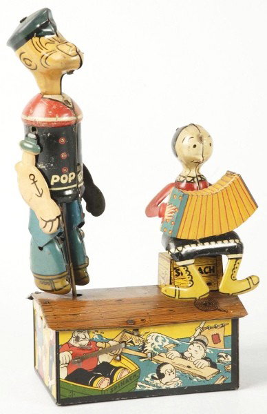 Tin Marx Popeye & Olive Oyl Roof Jiggers Toy.: American. Wind-up mechanism is working. All original including pipe, arms, and Olive Oyl's hair bun. Nice tin litho scenes of Popeye characters around base. Some scratching and fading to Popeye's neck