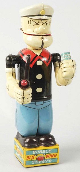 Tin Linemar Bubble Blowing Popeye Battery-Op Toy.: Japanese. Working. Original pipe bulb. Battery box is clean but door has two creases. Some minor factory touchup around mouth but no real bubble damage. Some scratching and wear overall. Size:11 - 1/2