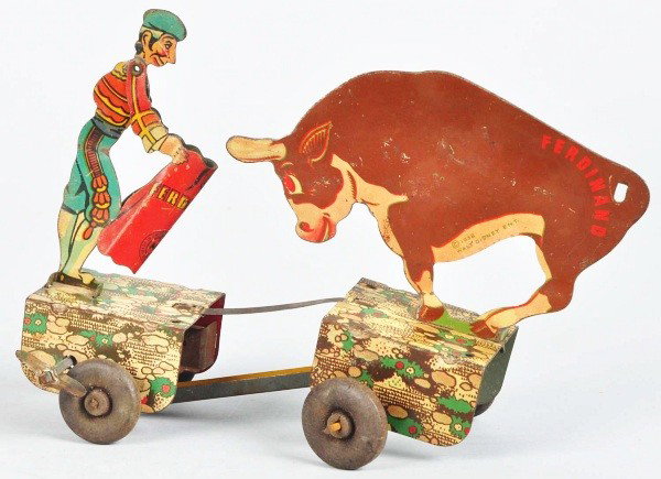 Tin Marx Ferdinand the Bull & Matador Wind-Up Toy: American. Working. Marked "1938 Walt Disney Enterprises". Ferdinand is missing his tail. Some scratching and overall wear to lithography. Size:7 - 1/2" L.