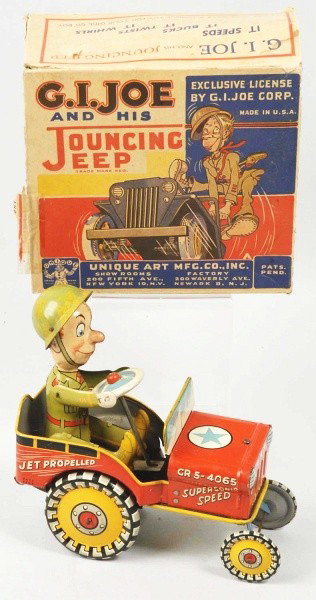 Tin Litho Unique Art G.I. Joe Jeep Wind-Up Toy.: American. Working. When in operation, G.I. Joe figure moves up and down. Some minor scratching and wear overall. Includes original box with missing flaps from one side and detached but present flap on