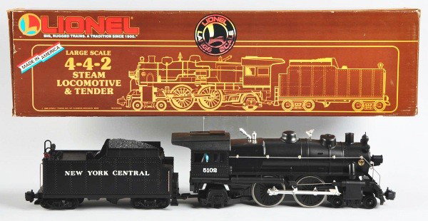 Contemporary Lionel Steam Engine & Tender.: American. Engine marked "5102". Includes original box with 4-4-2 New York Central steam locomotive and tender. Engine cab and tender shell are both plastic. Appears to be in unused condition. Size:Box