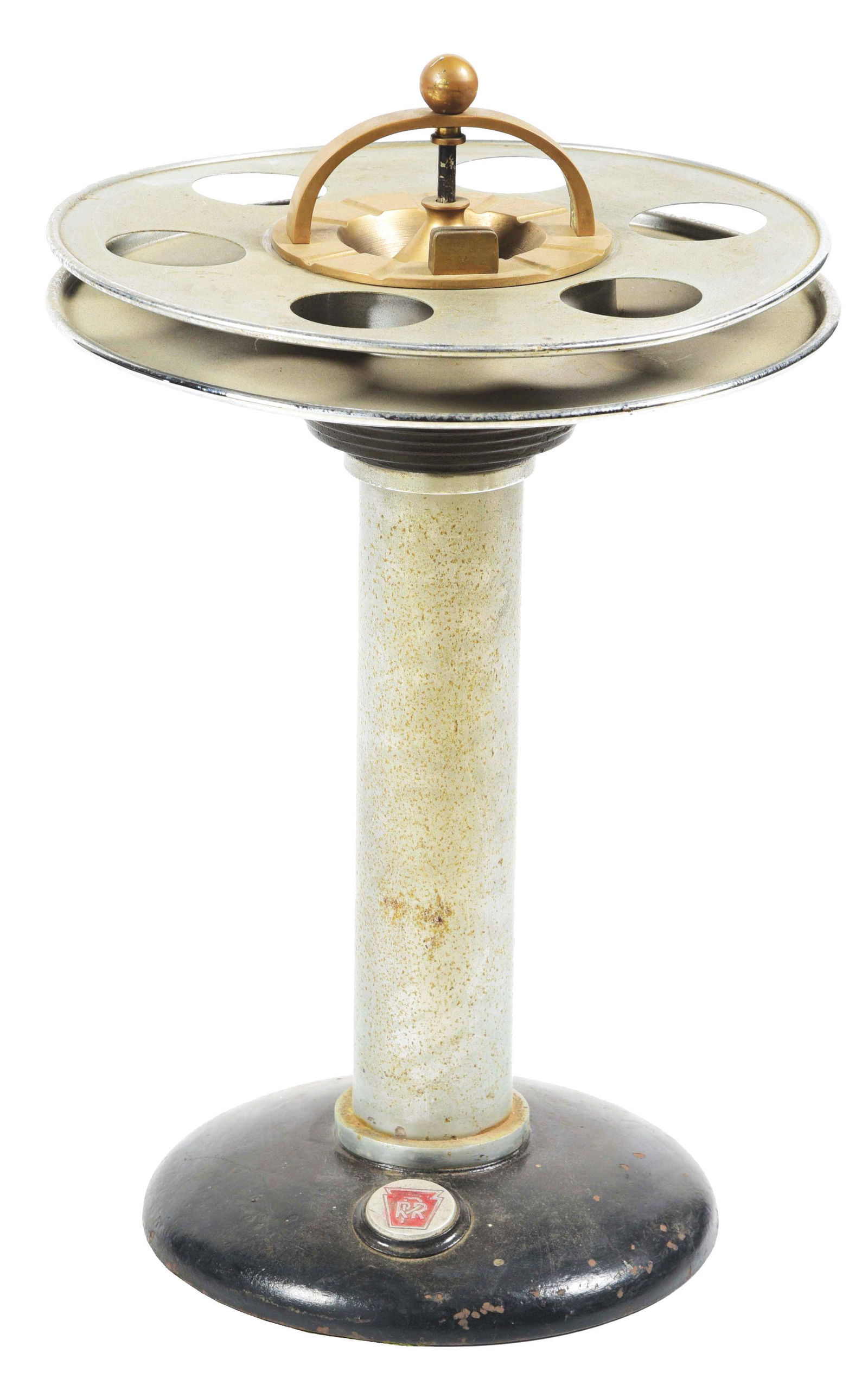 RAILROAD PARLOR CAR SMOKING STAND.: PRR logo affixed to weighted base of single-column aluminum ash receiver. Plated column shows rust coming through. Logo is nicely painted in red with silver outline and letters. Aluminum six-pocket dr