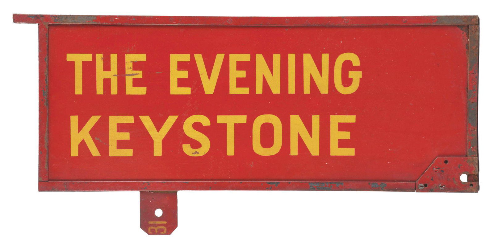 THE EVENING KEYSTONE METAL RAILWAY GATE SIGN.: Double sided metal railroad gate sign showing "The Evening Keystone" on each side. Sign shows excellent color throughout each side with moderate areas of surface scratching and minor age wear in the f