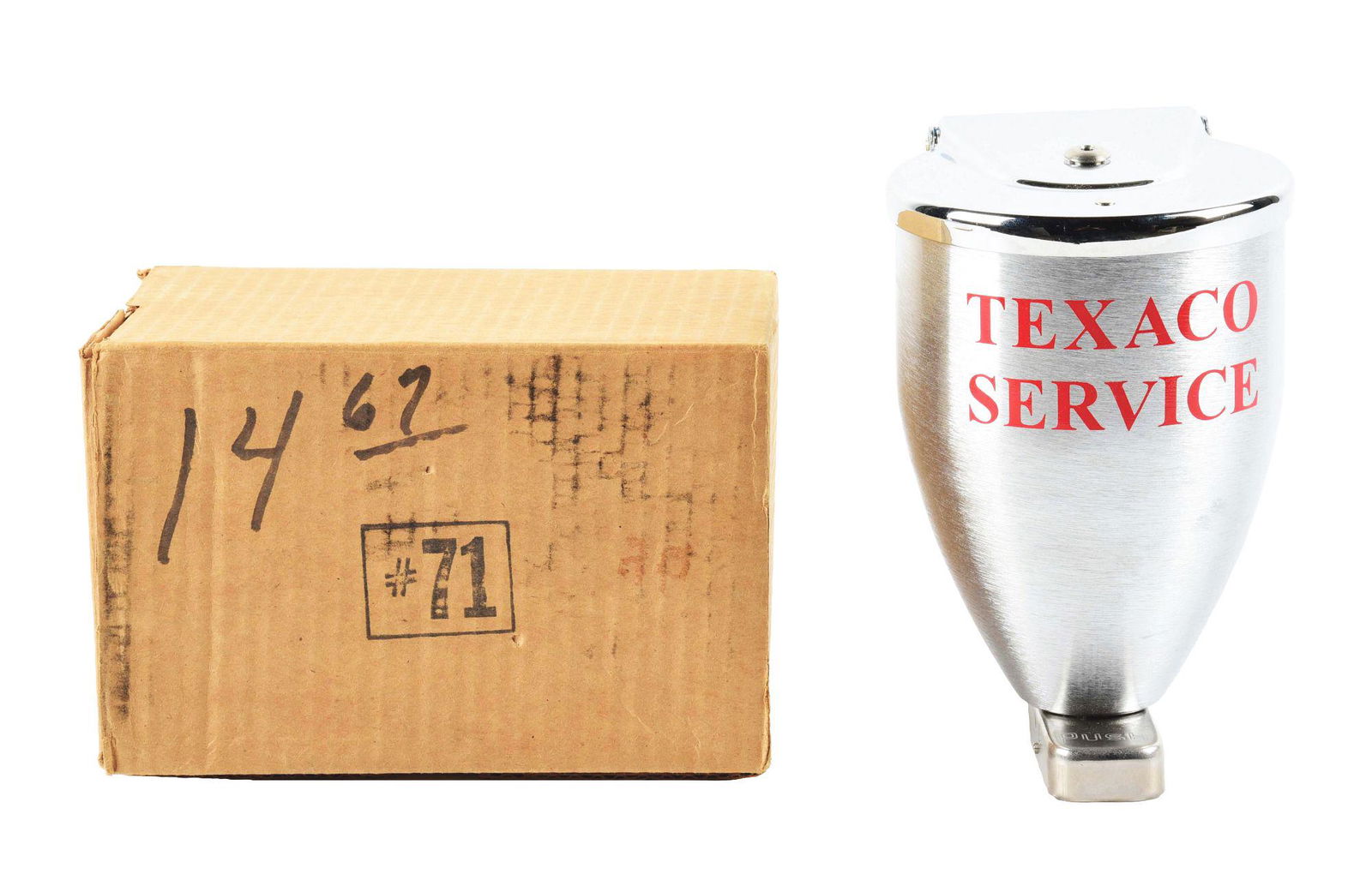 AMERICAN DISPENSER COMPANY SERVICE STATION SOAP: A new old stock example of this service station soap dispenser from American Dispenser Company. Dispenser is new old stock in the box and shows added Texaco Service vinyl lettering on the face. Letter