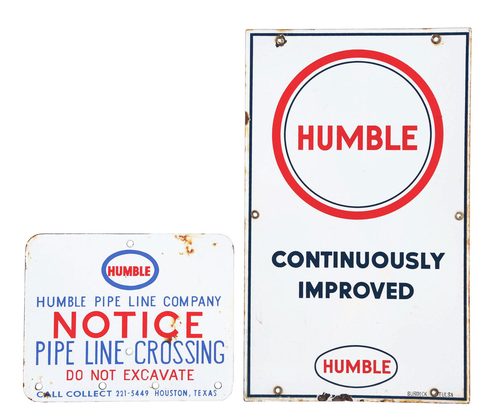 LOT OF 2: HUMBLE GASOLINE & MOTOR OIL PORCELAIN SIGNS. (1 of 2)