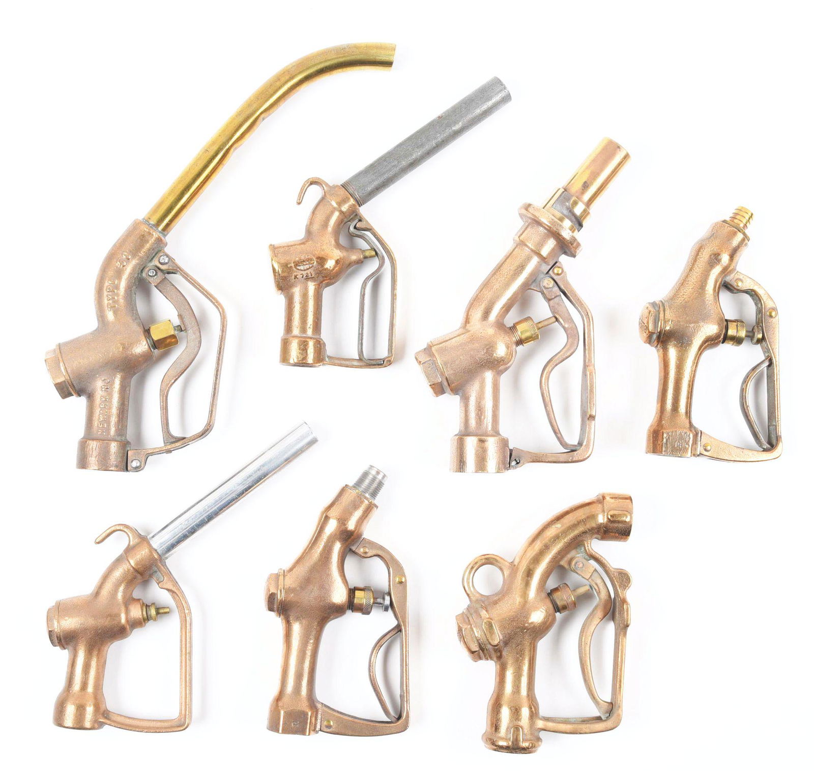 LOT OF 7: POLISHED BRASS GAS PUMP NOZZLES. (1 of 2)