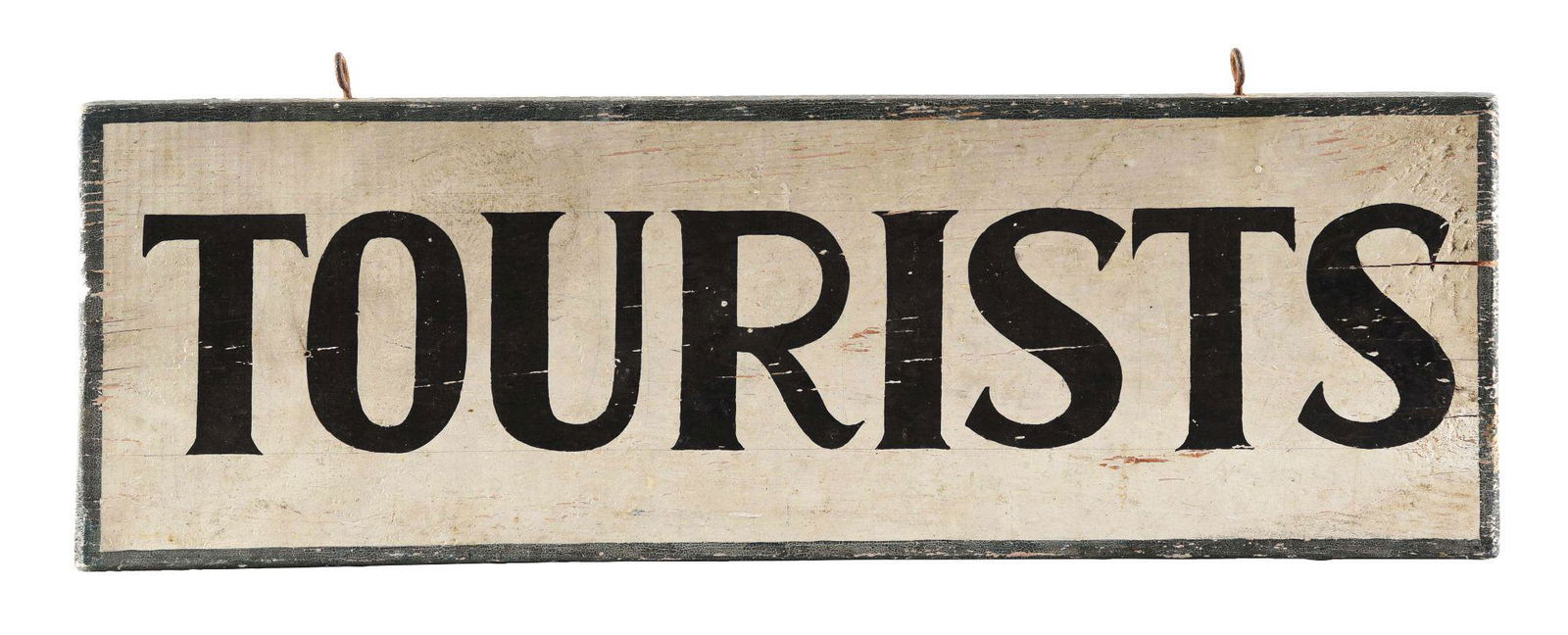 CIRCA 1920'S HAND PAINTED WOOD TOURISTS ROAD SIDE SIGN.: Double Sided Hand Painted Wood Road Side Sign showing, "Tourists" hand painted across each side. Sign shows excellent condition script across the field as well as an excellent crackle and patina throu