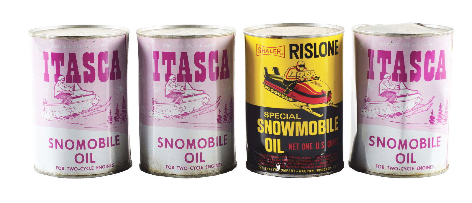 LOT OF 4: ITASCA & RISLONE SNOWMOBILE MOTOR OIL ONE: Lot consists of. Four individual One Quart Snowmobile Motor Oil Cans with Snowmobile graphics. CONDITION: Each can shows moderate areas of wear as well as denting but each can shows clean Snowmobile g