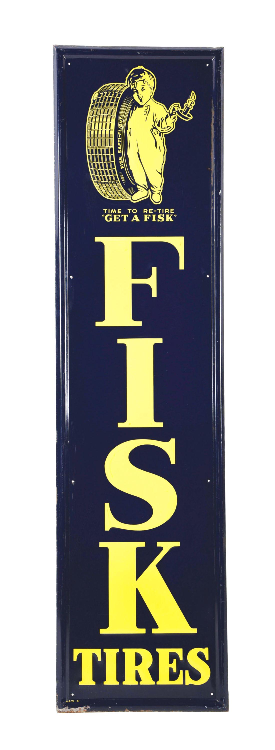 FISK TIRES "TIME TO RETIRE" EMBOSSED TIN SERVICE: SST. Sign is Maker Marked American Art Works & Dated 1941. A very nice example of this Embossed Tin Sign from Fisk Tires showing the iconic Fisk Boy graphic. CONDITION: Sign shows outstanding color &