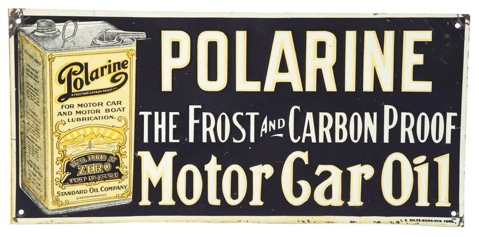 POLARINE MOTOR CAR OILS EMBOSSED TIN SIGN W/ OIL CAN (1 of 3)