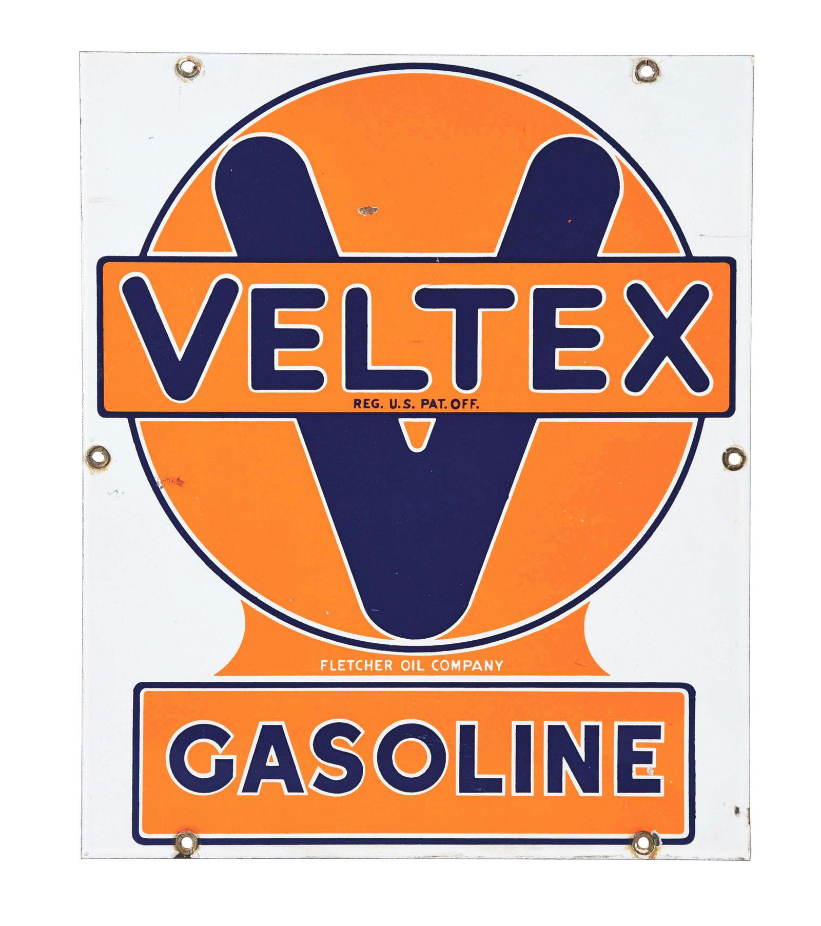 VELTEX GASOLINE PORCELAIN PUMP PLATE SIGN.: SSP. An excellent example of this seldom seen Porcelain Pump Plate from Veltex Gasoline, a product of Fletcher Oil Company, Boise, Idaho. CONDITION: Sign shows outstanding coloring and gloss throughou