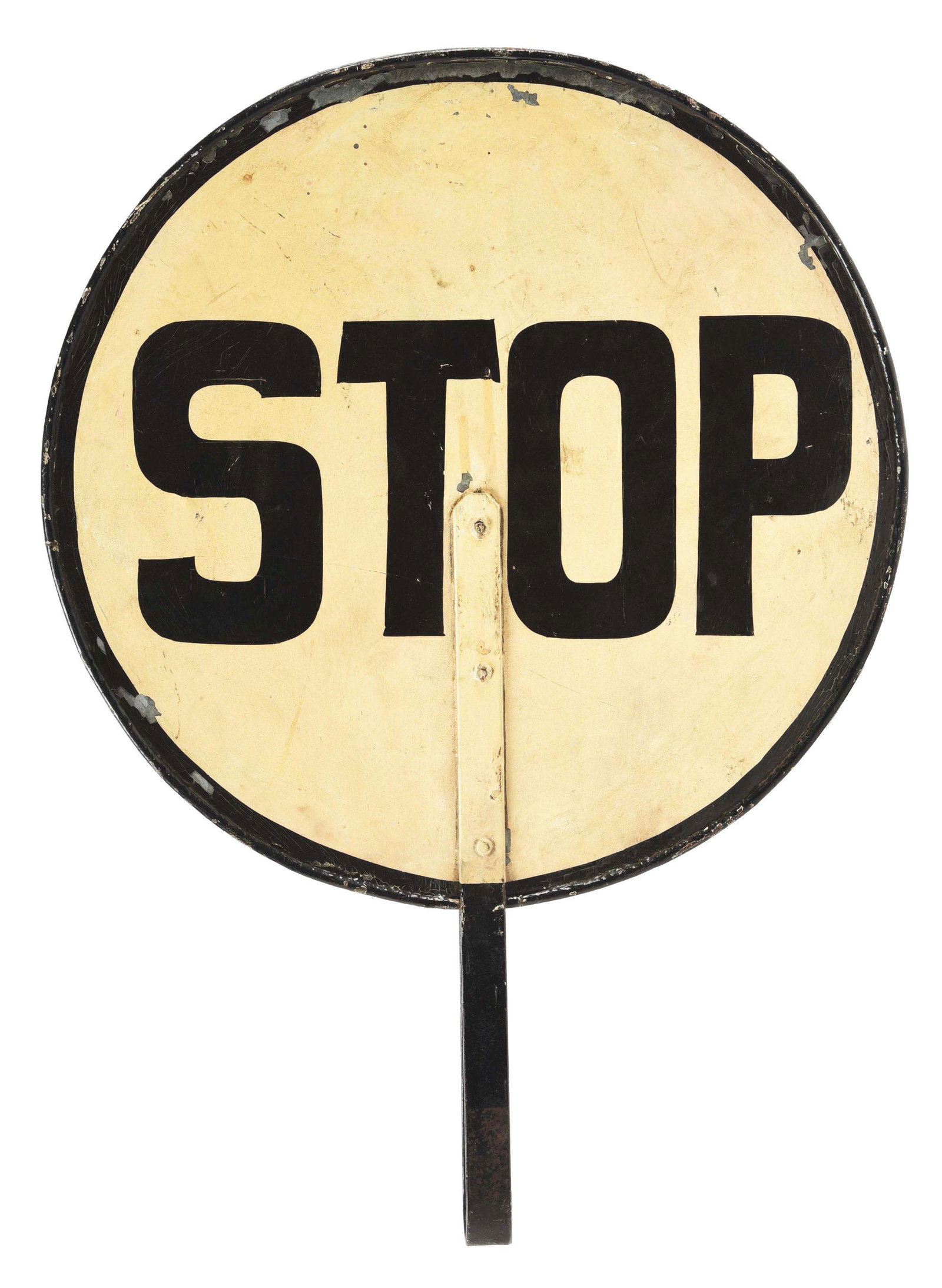 HAND-PAINTED "STOP" TWO-SIDED HANDHELD SIGN.: A Crossing Watchman's sign. Dirty white field with black border and lettering. Condition: (6.0). Dimensions: 22 - 3/4" x 16" x 16".