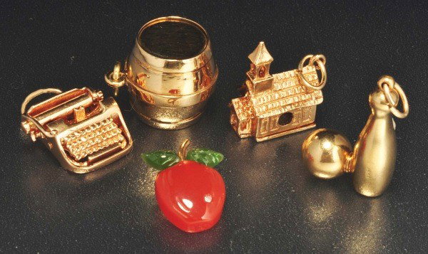 Lot of 5: 14K Y. Gold Charms.: Includes bowling pin and ball, jade and carnella apple, beer barrel, church, and typewriter. Weight: 11.3 dwt. Size: