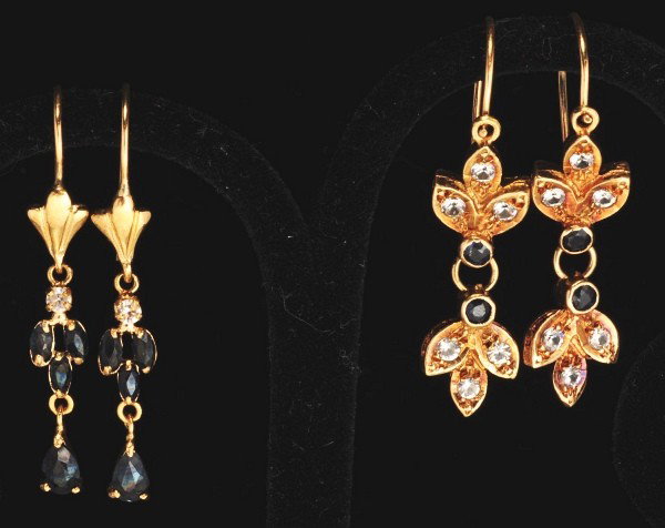 Lot of 3: Pair of 14K Y. Gold Earrings.: Two with blue spinel and one with pearls and enamel work. Size: