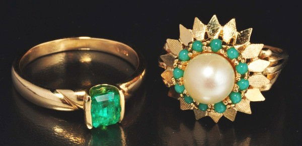 Lot of 2: 14K Y. Gold Rings.: Includes one with 0.51 ct emerald and one with 7.7mm Akoya Pearl. Size: