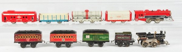 Miscellaneous Lot of Pre-War Tinplate Trains.: Description Includes five-piece Overland Flyer passenger train set and five-piece Hafner freight set. Overland Flyer set includes a cast iron clockwork engine, tender, and three passenger cars. Hafner