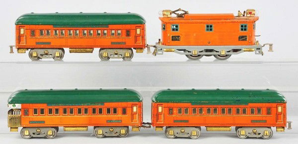 American Flyer "The Statesman" Train Set.: Description American. Pre-war. Standard gauge. Extremely hard-to-find and beautiful set includes no. 4684 orange locomotive and three litho-sided Statesman passenger cars. Locomotive shows chipping, s