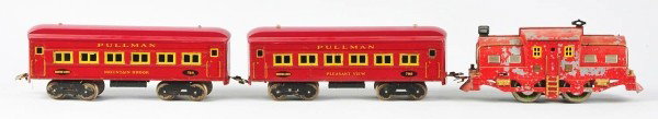 Tinplate Dorfan Passenger Train Set.: Description American. Pre-war. Standard gauge. Includes solid electric style engine with paint flaking and loss, no. 789 Mountain Brook passenger car, and no. 790 Pleasant View passenger car. Cars hav