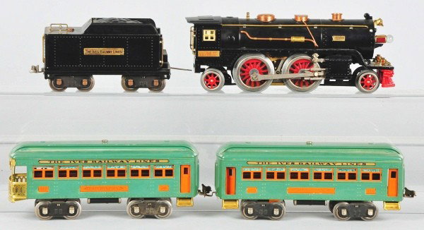 Lionel/Ives Transition Passenger Train Set.: Description American. Pre-war. Standard gauge. This set consists of an extremely rare no. 1770E steam locomotive and tender with two passenger cars (no. 339 and no. 341) in peacock blue. Locomotive an