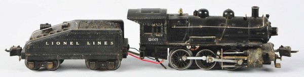 Lionel No. 203 Switcher & No. 2203T Tender.: Description American. Pre-war. O-gauge. Locomotive is extremely dirty, has one broken off (and missing) marker light, and minor scratching and pitting throughout. Lettering on tender is nice. Conditio