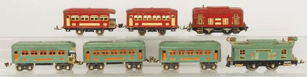 Lot of 2: Tinplate Lionel Passenger Train Sets.: Description American. Pre-war. O-gauge. First set includes peacock no. 253 electric style engine with two. no. 607 pullman cars, and one no. 608 observation car. Second set includes no. 248 electric s