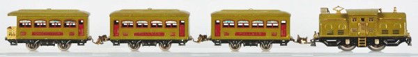 Lionel O-Gauge No. 252 Passenger Train Set.: Description American. Pre-war. Tinplate. Includes no. 252 electric style engine, two no. 529 pullman cars, and no. 530 observation car. Some scratching throughout, especially to roofs. Condition (Very