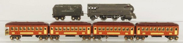 Lionel O-Gauge Passenger Train Set.: Description American. Pre-war. Includes no. 238E gray locomotive, no. 265W tender, and four 600 series passenger cars. Passenger car trucks have been converted to post-war trucks. One of the no. 610 p