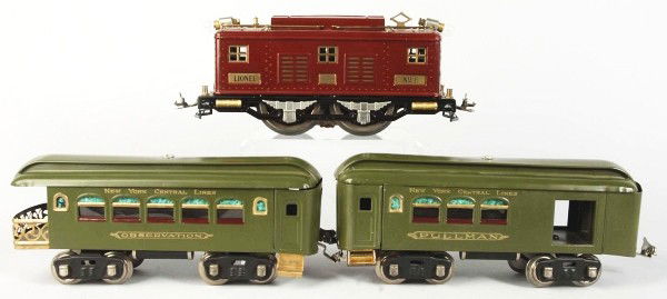 Lot of Lionel Standard Gauge Train Items.: Description American. Includes Lionel train set with no. 8 electric engine and two New York Central passenger cars (pullman and observation). Also includes Lionel City Station with Lionel City plaque