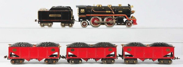 Lionel No. 390E Loco & Tender with 3 Hopper Cars.: Description American. Standard gauge. Set consists of no. 390E locomotive with orange stripe, two no. 516 hopper cars with rubber stamped lettering on sides, and one no. 516 hopper car with no letteri