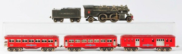 Lionel Standard Gauge Passenger Train Set.: Description American. Set consists of no. 385E locomotive and cast no. 385 tender with no. 1766, no. 1767, and no. 1768 passenger cars. Locomotive and tender are both complete and together grade very 