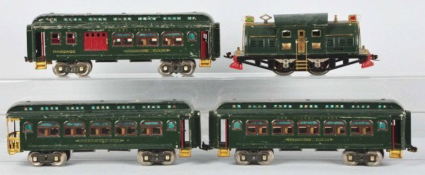 Lionel Standard Gauge Passenger Train Set.: Description American. Pre-war. Includes no. 380 dark green locomotive with "E" rubber stamped on door and three passenger cars. Passenger cars include no. 428, no. 429, and no. 430 in scarce dark gree