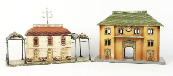 Lot of 2: Bing Train Stations.: Description German. Includes one that is completely handpainted with two awnings and one that is a combination of hand painting and lithography. One is missing its antenna top piece. Paint flaking to