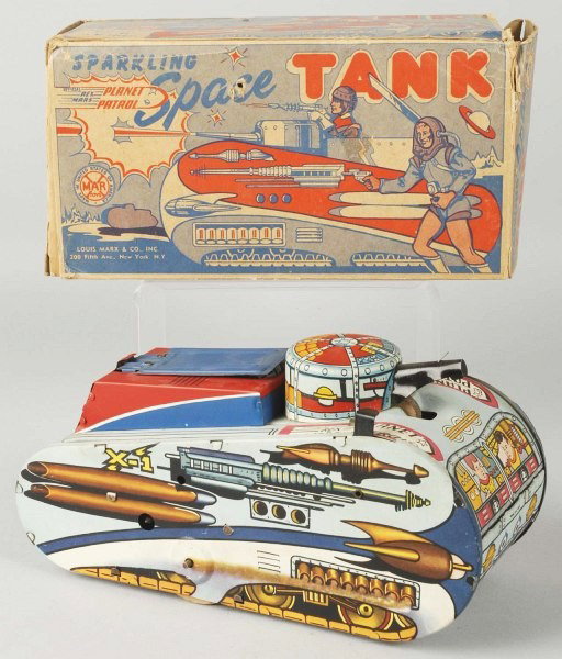 Tin Marx Rex Mars Planet Patrol Space Tank Toy.: Description American. Wind-up mechanism is working. When in operation, space man moves in and out of door on top of tank. Some minor scratching and wear. Includes original box with nice color graphics