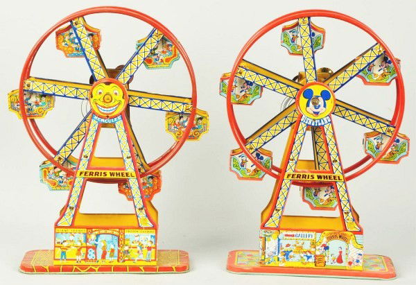 Lot of 2: Tin Litho Chein Ferris Wheel Toys.: Description American. Working. Includes one Walt Disney Disney Land Ferris Wheel with Mickey Mouse, Donald Duck, and Pluto in carts and one generic Ferris Wheel with kids in carts. Disney toy has nice