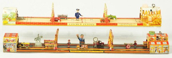 Lot of 2: Tin Litho Traffic Wind-Up Toys.: Description American. Working. Includes one Marx Main Street and one Unique Art Lincoln Tunnel. Both toys are complete with their vehicles and policemen. Some scratching, wear, and rubbing to lithogra