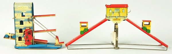 Lot of 2: Tin Litho Vehicle Toys.: Description American. Includes one Sunny Andy Cable Car toy with two cable cars and one Wolverine Auto Lift toy with one original automobile. Nice lithography throughout with just some scratching and 