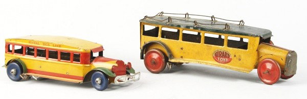 Lot of 2: Tin Litho Bus Wind-Up Toys.: Description American. Working. Includes one Marx Royal Bus Line and one Girard Bus with roof rack. Both toys have original tin litho drivers. Girard bus is missing front fenders and front bumper. Both