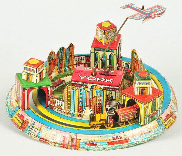 Tin Litho Marx New York Wind-Up Toy.: Description American. Working. Honeymoon Express-type with original tin airplane and train that moves around base when toy is in operation. Nice tin lithography with just some scratching and wear. Con