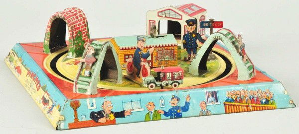 Tin Litho Marx Pinched Wind-Up Toy.: Description American. Working. Very elaborate mechanism. All original and complete. When in operation, automobile moves around track and policeman on motorcycle comes out to pinch him for a speeding t