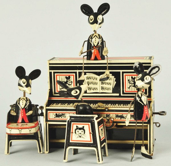 Tin Litho Marx Merrymakers Band Wind-Up Toy.: Description American. Working. Conductor version. Nice bright lithography with just slight wear to edge of piano top. Condition (Excellent). Size 9" x 8 - 1/4". Dimensions:9" x 8 - 1/4".