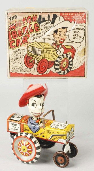 Tin Litho Marx Milton Berle Car Wind-Up Toy.: Description American. Working. Red plastic hat version. Nice phrases lithographed on all sides of car. Some wear to wheels and oxidation to bare metal windshield. Includes original box. Condition (Ver