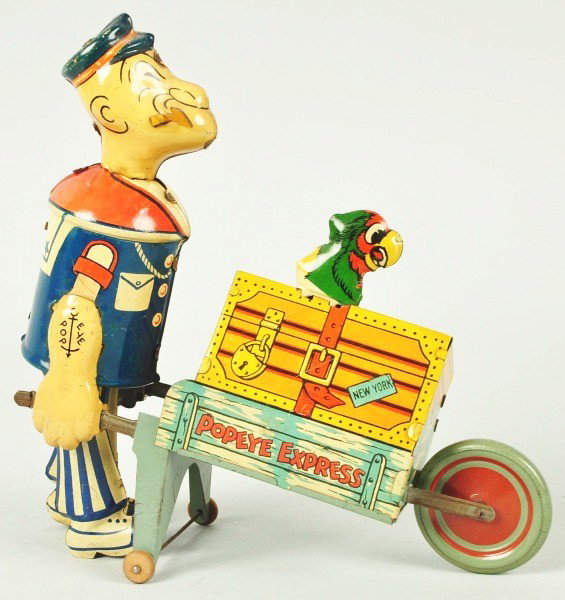Tin Litho Marx Popeye Express Wind-Up Toy.: Description American. Working. Stationary parrot variation. Marked "Popeye Express" on both sides of treasure chest. Popeye has original pipe. Some scratching and wear overall. Condition (Very Good). 