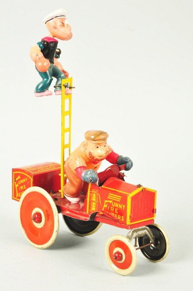 Tin Marx Popeye Funny Fire Fighters Wind-Up Toy.: Description American. Working. Popeye and Brutus figures are celluloid. Original ladder and Popeye's pipe appears to be original. Some fading to hat and gloves of Brutus and minor scratching and wear 