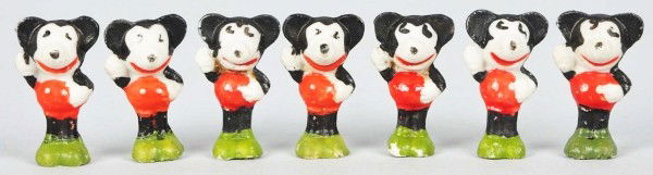 Lot of 7: Bisque Disney Mickey Mouse Figures.: Description Very small size variation. Very little wear overall. Condition (Very Good - Excellent). Size Each: 1 - 1/2" T. Dimensions:Each: 1 - 1/2" T.