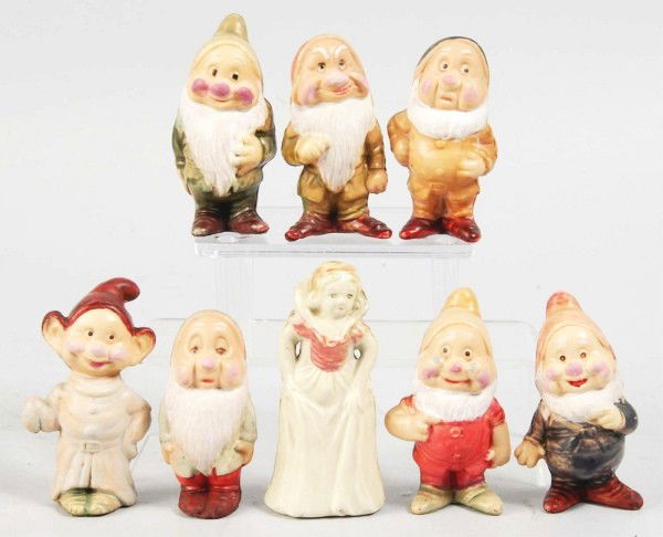 Celluloid Disney Snow White & the 7 Dwarfs Set.: Description Plaster filled. Marked "Foreign Celluloid" which means it was imported from Japan into England". Very nice depictions of Snow White and all seven Dwarfs. Some minor wear overall. Condition