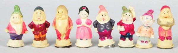 Disney Snow White & 7 Dwarfs Pencil Sharpeners.: Description Probably Japanese. Circa 1930s. Celluloid. Includes eight pencil sharpeners, five with their original sharpeners. Very little wear overall. Condition (Excellent). Size Largest: 2 - 3/4" T.