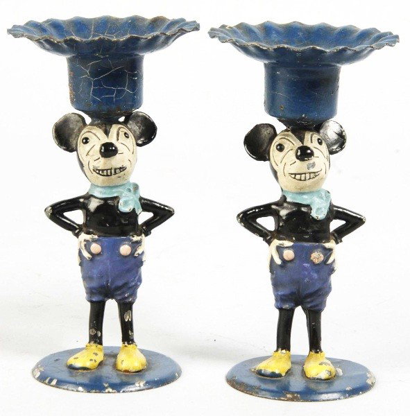 Lot of 2: Tin Disney Mickey Mouse Candle Holders.: Description Deans Rag Book look but probably German. Early rat-face looking Mickey with spring tails. Very good quality. Paint has crazing, minor chipping, and wear throughout. Condition (Very Good - 